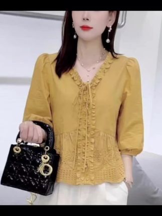 A法式休闲中袖衬衫女早秋新款洋气显瘦减龄宽松系带上衣#好看时尚#气质修身款#面料舒服