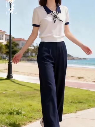轻职风显瘦减龄穿搭一整套2025夏季polo领短袖针织衫西装裤两件套#休闲裤穿搭 #显瘦显高显气质 #谁穿谁漂亮
