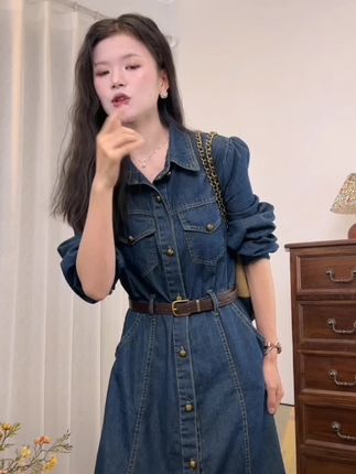 独特超好看长袖牛仔连衣裙女早秋2025新款收腰显瘦气质减龄衬衫裙#牛仔裙#连衣裙#秋季穿搭