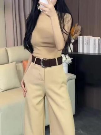 早秋新款高腰显瘦休闲百搭阔腿垂感西装裤8924(带腰带)