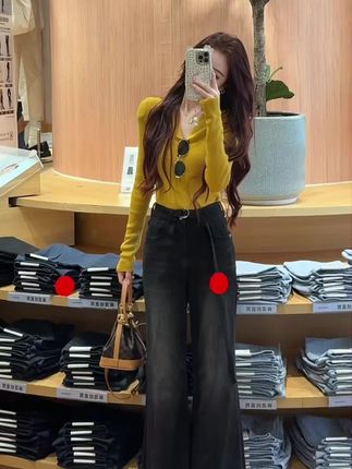 【摩登漫步】·黑灰色·四面弹穿搭高腰直筒喇叭秋冬季牛仔裤女