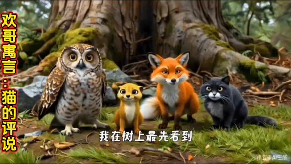 欢哥寓言:猫的评说。猫头鹰、黄鼠狼、狐狸和猫不期而遇; 猫用爪子抓住了一只老鼠。而猫头鹰、黄鼠狼和狐狸三个争执起来,都纷纷称老鼠是自已发现的。猫忍不住评说:你的兄卖嘴皮子,而老鼠实实在在是我抓住的!
