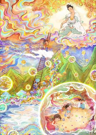 梦见菩萨 谁小时候没做过神仙梦?
那天,沙滩上贝壳闪着光,和小伙伴嬉闹时,
突然,云层中落下梯子,菩萨现身许诺,登顶者收为弟子。
我们争先恐后攀爬,天地间的云朵树木,都染上了缤纷色彩,
那一刻,仿佛天地万物都是属于自己,特别美好、温暖。
最后,自己也成功登顶,也成为菩萨弟子…
此刻,梦醒了!#procreate绘画 #原创插画 #菩萨 #梦 #梦见菩萨