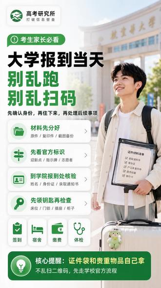 大学报到当天别乱跑:签到、宿舍、缴费、绿色通道和军训体检流程 大学报到当天先记住结论:到校后不要先乱逛、不要先买东西、不要先扫陌生二维码。先找学校官方迎新点,再到学院或专业报到处签到,然后办宿舍、钥匙、门禁、校园卡和床位。缴费只走学校迎新系统、财务处、学校官网、官方公众号、学校指定银行或录取通知书写明的渠道,不扫陌生二维码,不给所谓学长学姐和代办人员转钱。家庭经济困难的孩子先问绿色通道。体检、军训服、教材、照片采集、班会和入学教育,都按学校通知、学院通知和辅导员安排走。#高考家长必看 #大学新生 #大学开学 #大学家长 #大学报到
