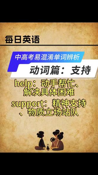 每日英语|中高考易混淆单词辨析之动词篇【帮忙、帮助、支持】 #每日英语 #中高考英语 #英语单词辨析 #易混淆单词 #英语语法
help vs support 深度辨析(中考 / 高考必考)
一、核心本质区别
help:动手帮忙、解决具体困难、做事上帮一把
support:精神支持、物质供养、立场站队、长期支撑
二、一句话秒懂
help = 帮你干活、解围、做具体事
support = 帮你撑腰、认可、养家人、坚持梦想
三、用法搭配 + 例句
1. help
侧重实际行动帮忙,帮人做某件具体事
搭配:
help sb (to) do sth
help sb with sth
例句:
Can you help me with my English?
你能帮我补英语吗?(具体做事帮忙)
2. support
三层核心意思:
精神支持、赞同
I support your decision.
我支持你的决定。
养家、供养
He works hard to support his family.
他努力工作养家。
支撑、承受重量
This wall supports the roof.
这面墙支撑屋顶。
四、考试最易错题场景
帮做题、搬东西、解围 → 用 help
支持想法、支持梦想、养家、站队 → 用 support
❌ 不能说:help your decision
✅ 只能说:support your decision
❌ 不能说:support me carry the box
✅ 只能说:help me carry the box
五、极简口诀
做事帮忙用 help,
精神养家 support。