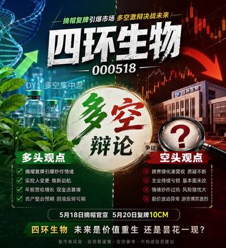 5月25日 四环生物 三个月暴涨72.62%、近一年翻倍大涨115.17%,从2.11元拉升至4.54元;今日强势地天板涨停9.93%、换手率31.32%、成交额11.93亿,爆量分歧完成四连板晋级,资金博弈白热化,多空双方直接刺刀见红!
有人说:低位摘帽医药核心标的,深耕生物制药、免疫制剂、园林绿化、大健康服务热门赛道,贴合医药超跌修复、摘帽反转、低价小盘妖股炒作大势,题材属性稀缺多元;公司近期成功撤销ST摘帽,彻底摆脱风险警示,基本面合规落地,经营状态大幅改善;2026年一季度营收大幅增长、亏损持续收窄,经营拐点明确,叠加实控人更迭、公司治理升级,后续资产整合预期拉满;技术面走出强势四连板主升行情,地天板暴力洗盘彻底清空浮筹,高位充分换手夯实筹码,市场接力情绪爆棚,多头趋势完整强劲,后市延续连板冲高行情可期,大胆做多顺势而行!
也有人说:本轮行情短期翻倍暴涨,彻底透支摘帽修复预期,当前动态市盈率TTM为负,公司常年持续亏损,无任何正向业绩支撑,纯情绪炒作毫无基本面背书;公司医药主业增长乏力、盈利能力薄弱,核心主业缺乏造血能力,营收增量依赖跨界绿化工程,业务杂乱无核心竞争力,增收不增利问题突出;虽然成功摘帽,但累计未弥补亏损数额巨大,经营风险并未彻底解除;现阶段股价短期翻倍涨幅巨大,四连板后累积超级丰厚获利盘,今日超30%天量换手分歧极致,短线主力资金兑现意愿极强,纯低位情绪妖股行情持续性极差,一旦题材退潮、接力断层,高位将会快速跳水杀跌,盲目追高极易高位站岗深度被套!
医药超跌修复风口加持、摘帽反转题材稀缺、低价小盘弹性拉满、四连板强势妖股辨识度极高,多重炒作逻辑拉满,但公司持续亏损无业绩、主业空心化、累计亏损压力大、短期翻倍涨幅透支、天量换手分歧严重,各类潜藏风险不容忽视!今日从资金面、消息面、基本面全方位剖析,多空观点正面激烈碰撞!
#四环生物 #地天板 #A股 #大A #A股散户联盟