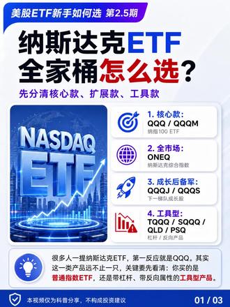 纳斯达克ETF全家桶怎么选?新手先分清这几类 很多人一提纳斯达克ETF,只想到QQQ。其实还有QQQM、ONEQ、QQQJ,以及TQQQ、SQQQ这类杠杆/反向ETF。新手买之前,先分清普通指数ETF、扩展款和工具型产品,别把高风险工具当成长期配置。#纳斯达克 #纳斯达克指数 #QQQ #美股