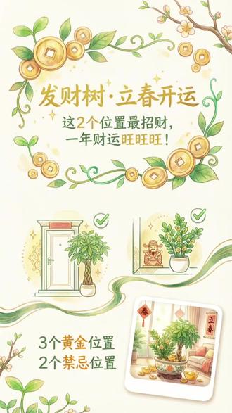 立春换位置!发财树放对位置财运翻倍 立春是调整植物位置的最佳时机!入户门放金钱树迎客,客厅明财位放发财树聚财,卧室和空调口千万别放!快检查一下你家的发财树放对了吗?
#立春 #发财树 #植物风水 #家居风水 #财运 #绿植养护 #新年开运 #家居布置 #植物摆放 #招财植物