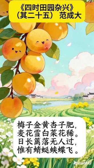 《四时田园杂兴》(其二十五) 梅子金黄杏子肥,麦花雪白菜花稀。
日长篱落无人过,惟有蜻蜓蛱蝶飞。#古诗配画