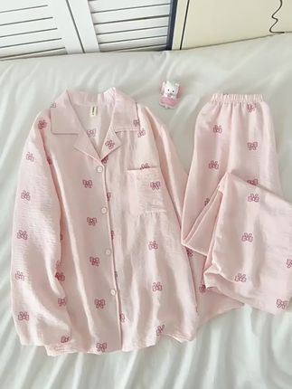 粉色蝴蝶结甜美风两件套长袖长裤云朵棉睡衣女
