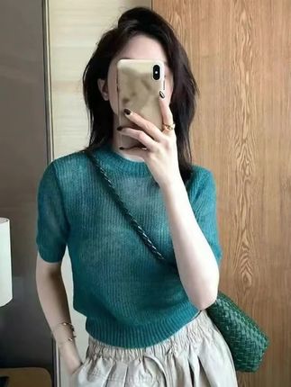 一眼就爱上韩系冰丝针织短袖正肩T恤2025夏季绝美短款小个子上衣