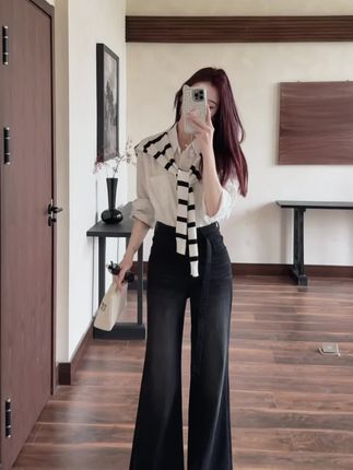 【摩登漫步】·黑灰色·四面弹穿搭高腰直筒喇叭秋冬季牛仔裤女