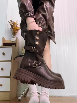 厚底美拉德短靴女2025新款英伦风西部牛仔靴复古棕色马丁靴子