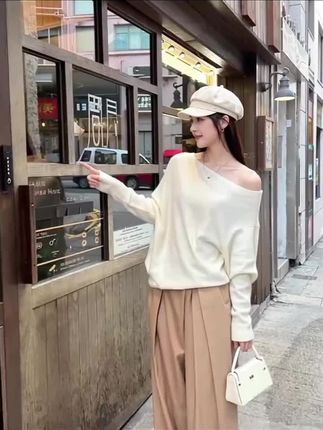 慵懒高级感斜肩内搭针织衫女秋冬