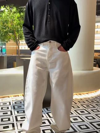 宽松弯刀四季可穿纯色时尚百搭内里抽绳半松紧腰围设计福利款人手必备基础款男士休闲牛仔裤