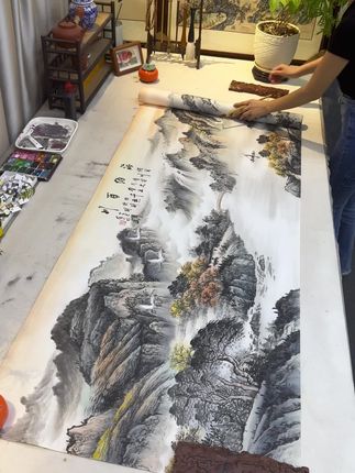 纯手绘《海纳百川》六尺横幅山水画书房客厅办公室国画挂画作品