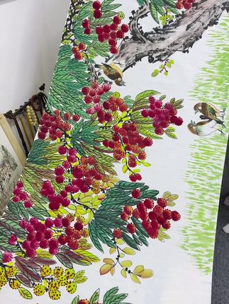 一树荔枝满堂红,纯手绘,国画写意花鸟作品#国风 #客厅挂画 #荔枝 #手绘 #文玩探宝