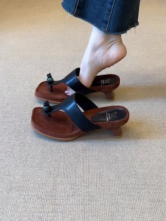 RubyL/5cm法式时尚极简风舒适百搭拼色粗跟夹趾外穿凉拖鞋女款