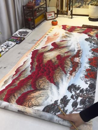 纯手绘六尺横幅山水《鸿运当头》