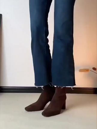 心芘秋季高跟弹性靴后拉链方头短靴女厚跟休闲百搭粗跟马丁靴