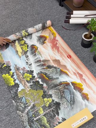 背靠金山《旭日东升》手绘六尺横幅山水客厅会议室国画作品