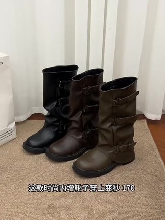 牛皮版~增高6cm时髦皮带扣褶皱堆堆靴女中高筒真皮骑士靴百搭靴子