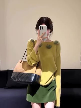 巨好看的一整套ootd穿搭套装黄色针织衫半身裙韩系chic别致两件套
