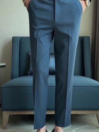 春夏款蓝色垂感条纹西裤男士九分休闲裤修身小脚弹力商务西装长裤