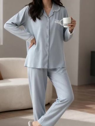 芬腾可安长袖长裤睡衣家居服开衫可外出拉架爽棉春夏秋冬宽松女士轻奢高档翻领