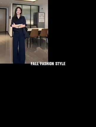 老钱风套装女高级感藏蓝色宽松显瘦短袖衬衫休闲阔腿裤两件套