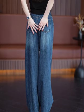 带丝巾阔腿牛仔裤女2025新款秋季宽松高腰直筒小个子窄版显瘦长裤