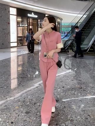 粉色鱼骨运动套装女夏季休闲时尚减龄洋气短袖阔腿裤两件套潮