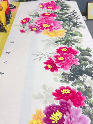 《富贵满堂》纯手绘六尺横幅牡丹宣纸国画作品