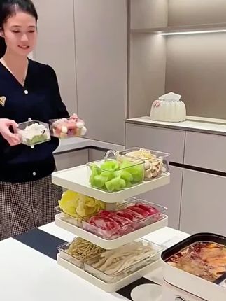 厨房多功能旋转火锅拼盘分格配菜盘收纳叠加备菜盘家用火锅托盘