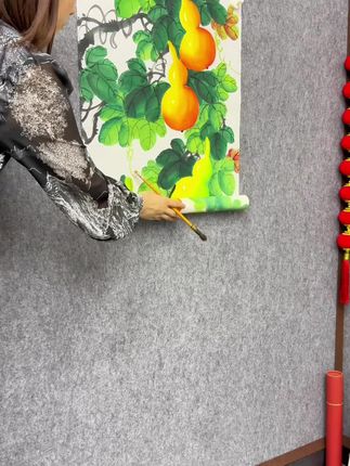 手绘三尺葫芦国画#五福临门 #葫芦 #手工画