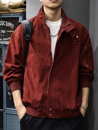 秋季休闲红色工装男夹克美式上衣本命年衣服春秋刺绣男款外套
