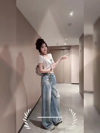 春夏季复古破洞直筒牛仔裤子女高腰显瘦阔腿裤小个子拖地长裤