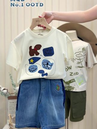 MQD马骑顿童装中大童25夏季新品学院风百搭卡通趣味短袖T恤套装