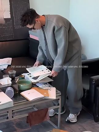 灰色假两件开衫外套阔腿卫裤套装男秋季慵懒风简约百搭休闲两件套