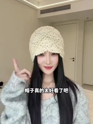 镂空针织包头帽女大头围套头帽显脸小秋冬新款编织钩花堆堆套头帽