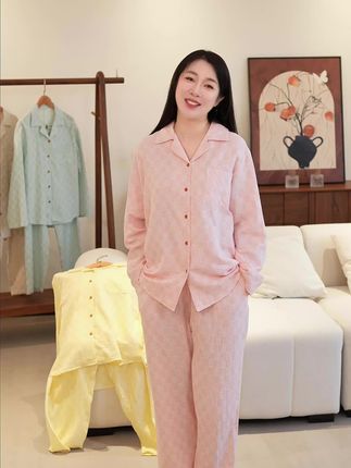 纯棉宽松情侣睡衣 女士纯棉分体睡衣 纯棉情侣开衫睡衣宜色家情侣睡衣2025新款春秋季全棉双层纱长袖长裤加肥加大家居服